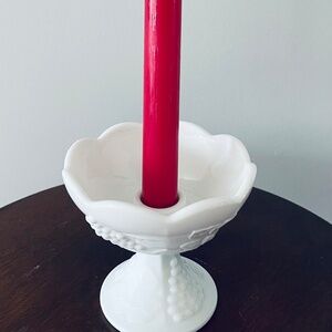 Vintage white milk glass candleholder with grape and leaf motif